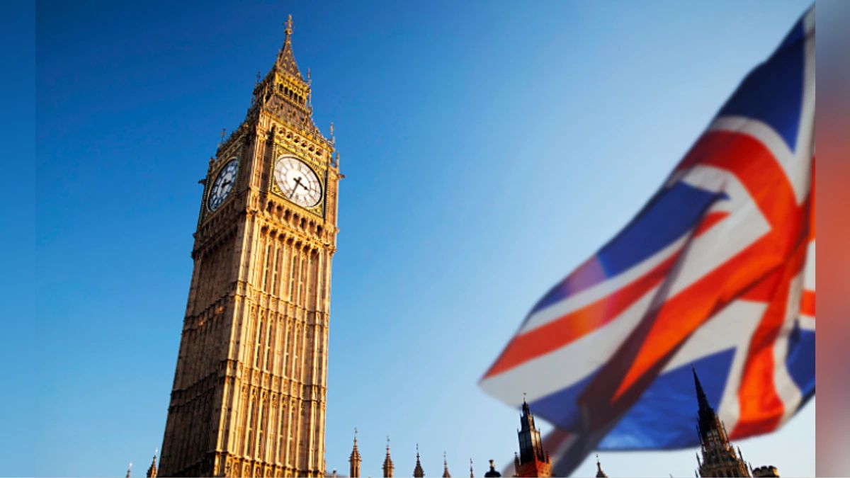 The UK flag flies in front of Big Ben