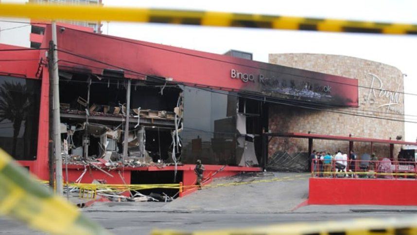 The charred facade of the Casino Royale in Monterrey, Mexico, following an arson attack in 2011